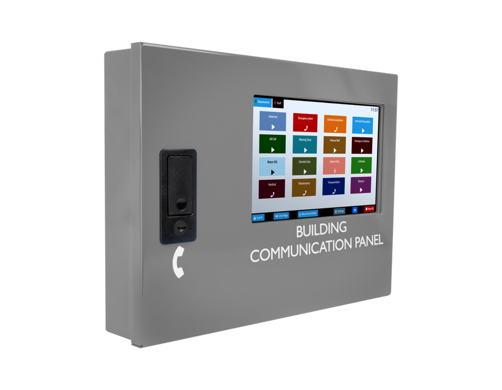 VIP-895-S Images. touchscreen console with colored icons enclosed in a grey casing.